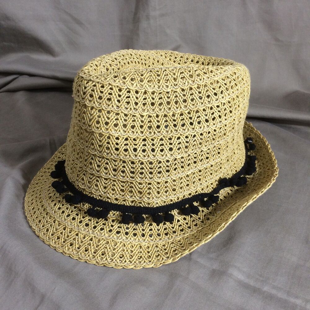 Sonoma Goods For Life Packable Straw Fedora Hat Black Pom Pom Trim Adjustable